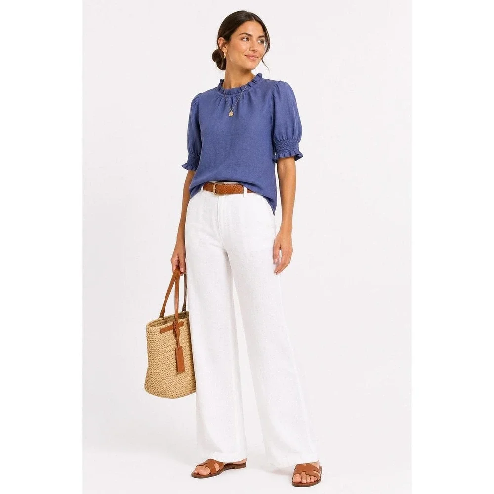 J.Crew 100% Linen Smocked Puff Sleeve Ruffle Top, Medium Navy Blue Preppy office